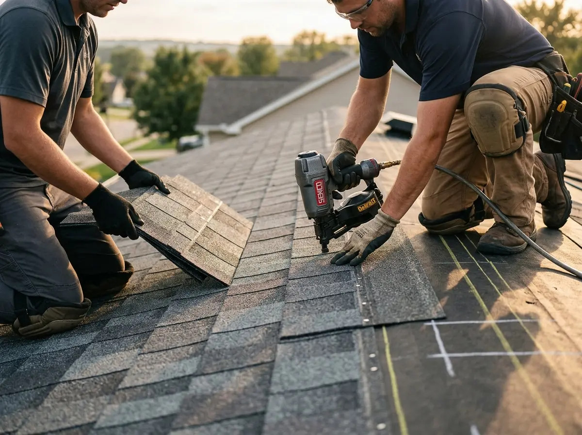 Professional roofer working on a residential roof in Dunwoody